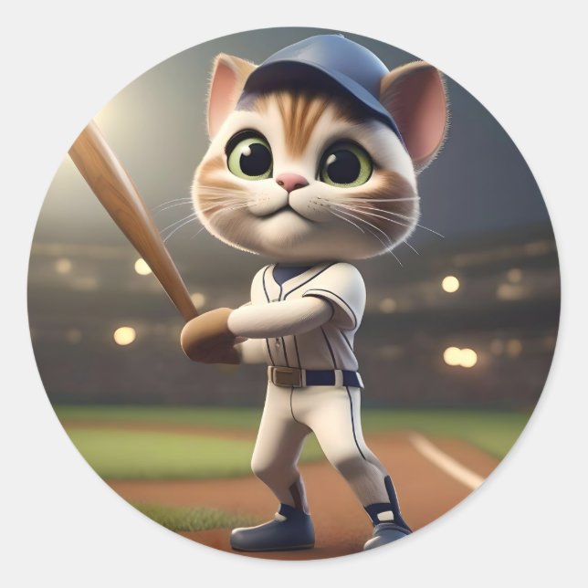 Sticker Rond Chat de baseball 3D amusant, (Devant)