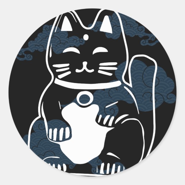 Sticker Rond Chat de bonne chance japonais avec nuages (Devant)
