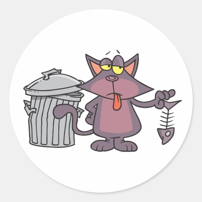 Sticker Rond Chat de dessin animé grincheux mangeant un squelet (Devant)