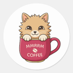 Sticker Rond Chat de dessin animé mignon dans une tasse de café