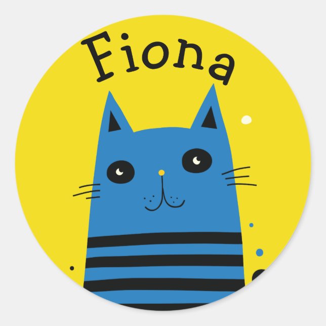 Sticker Rond Chat de dessin personnalisé bleu et jaune moderne (Devant)