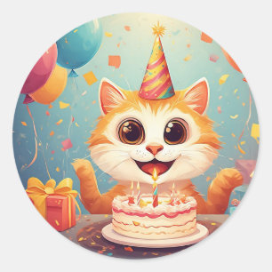 Sticker Rond Chat de fête adorable avec gâteau et ballons