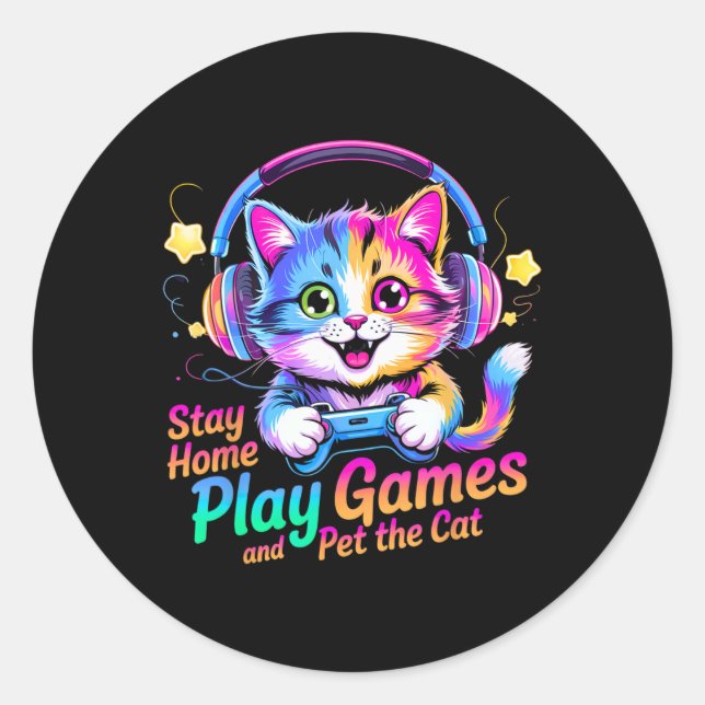 Sticker Rond Chat de gamer drôle reste à la maison1  (Devant)