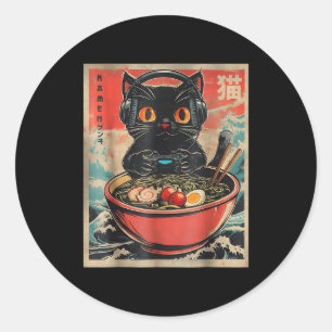 Sticker Rond Chat de joueur vintage drôle Ramen rétro Chat japo