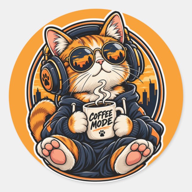 Sticker Rond Chat de la mode urbaine cool buvant du café (Devant)