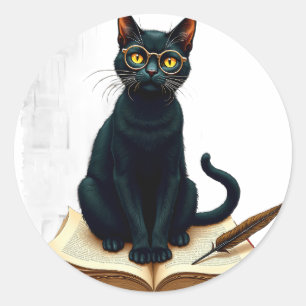Sticker Rond Chat de l'Académie Sombre Lunettes de Lecture Livr