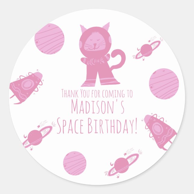 Sticker Rond Chat de l'espace Galaxie Rose Anniversaire  (Devant)