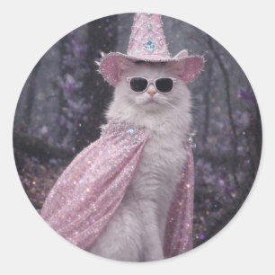 Sticker Rond Chat de magicien magique en cape et chapeau rose s