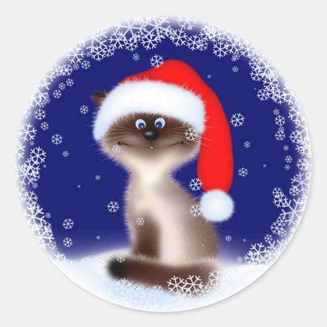 Sticker Rond Chat de Noël à Santa Hat (Devant)