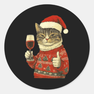Sticker Rond Chat de Noël Aime le Chat Mignon Buvant du Vin Ave