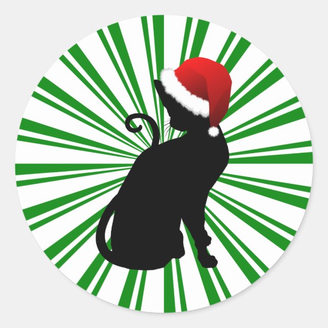 Sticker Rond Chat de Noël avec des rayures vertes (Devant)