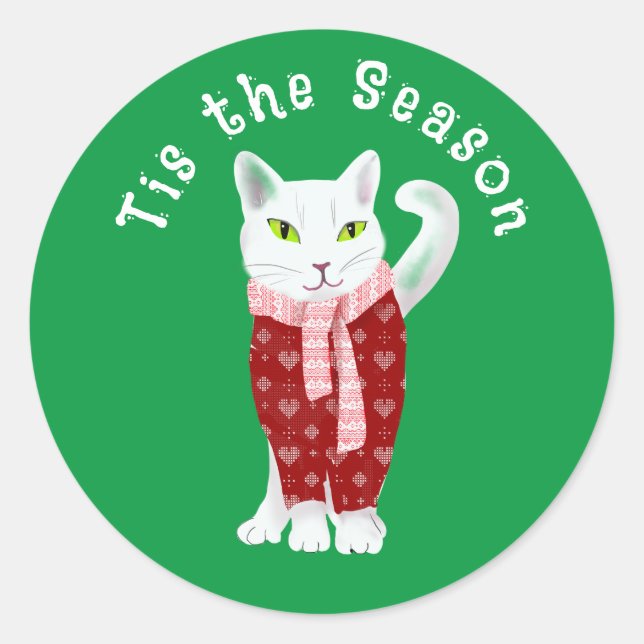Sticker Rond Chat de Noël blanc en Sweat de vacances sur mesure (Devant)