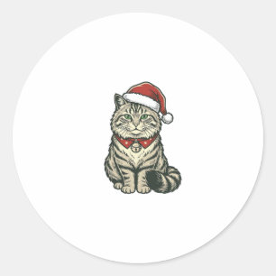 Sticker Rond Chat de Noël Chapeau de Père Noël Dessin de Gravur
