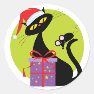 Sticker Rond Chat de Noël et souris