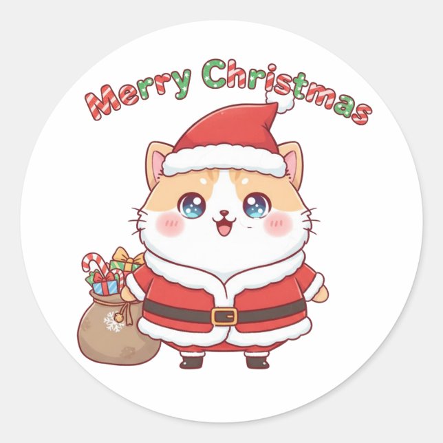 Sticker Rond Chat de Noël Kawaii Santa Cadeau de vacances de No (Devant)