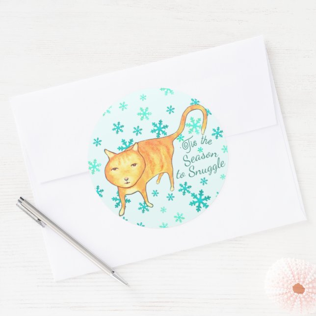 Sticker Rond Chat de Noël Peluches Douces et Rafles d'Hiver (Enveloppe)
