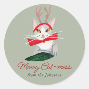 Sticker Rond Chat de Noël renne Vacances