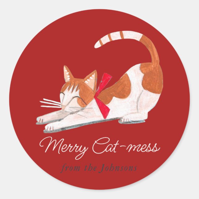 Sticker Rond Chat de Noël rennes rouge Vacances  (Devant)