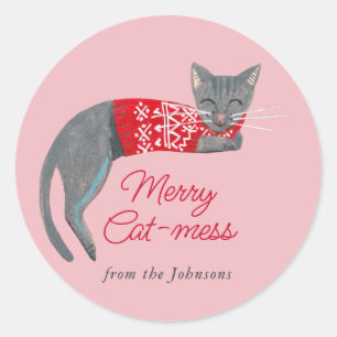 Sticker Rond Chat de Noël rose Vacances  