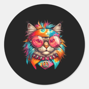Sticker Rond Chat de Paix Psychédélique Hippie colorée Retro Su