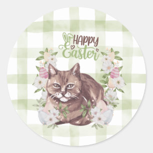 Sticker Rond Chat de Pâques Gingham Joyeux