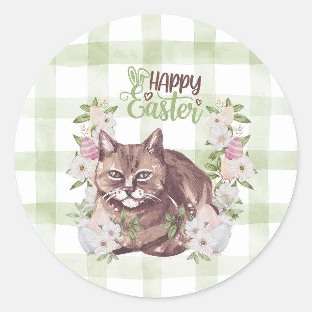 Sticker Rond Chat de Pâques Gingham Joyeux (Devant)