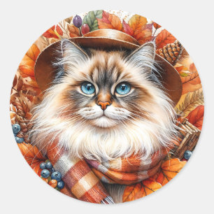 Sticker Rond Chat De Poupée En Écharpe D'Automne Avec Feuilles 