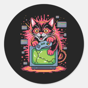 Sticker Rond Chat de rage en pixel art Joueur rétro Glitch dans
