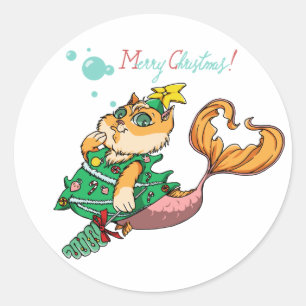 Sticker Rond Chat de sirène de Noël
