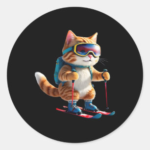 Sticker Rond Chat de ski mignon cadeau drôle d'hiver sports de