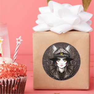 Sticker Rond Chat de sorcière Halloween Déplaisant Portrait mig