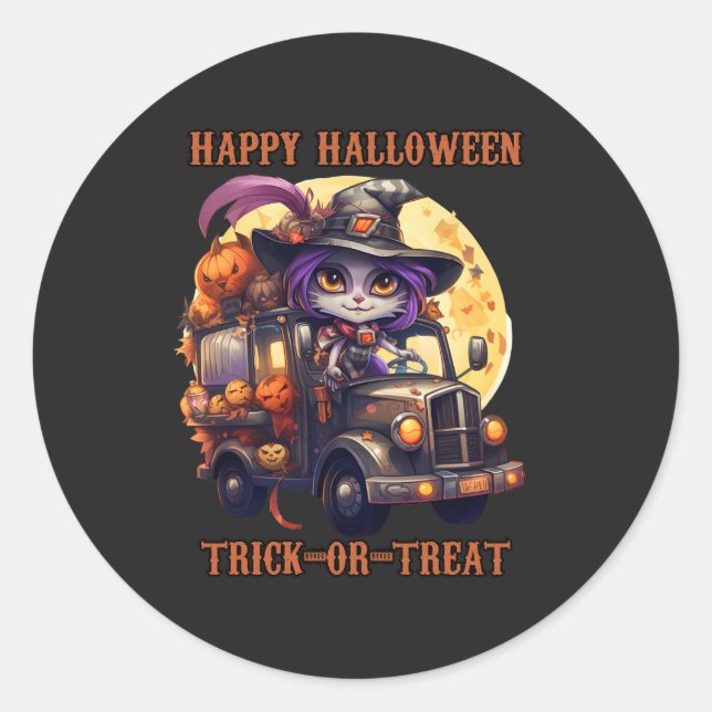 Sticker Rond Chat de sorcière Halloween Trucker Enfants Festive (Devant)