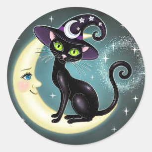 Sticker Rond Chat de sorcière sur Crescent Moon Halloween Wicca