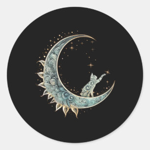Sticker Rond Chat D'Esthétique Mystique Assis Sur Crescent Moon