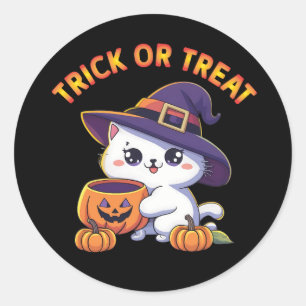 Sticker Rond Chat d'Halloween avec Citrouille Jack O' Lantern