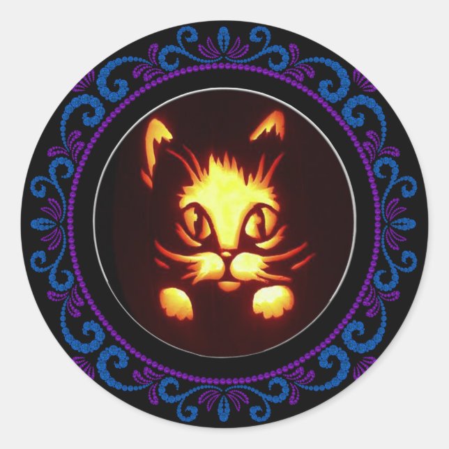Sticker Rond Chat d'Halloween bleu violet orange brillant (Devant)