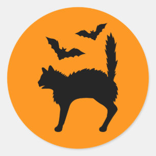 Sticker Rond Chat d'Halloween effrayé et silhouette de chauves-
