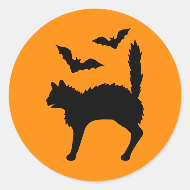 Sticker Rond Chat d'Halloween effrayé et silhouette de chauves- (Devant)