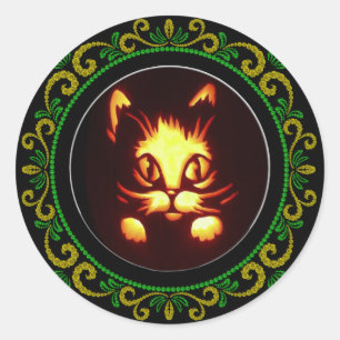 Sticker Rond Chat d'Halloween jaune vert orange brillant