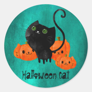 Sticker Rond Chat d'Halloween mignon avec citrouilles