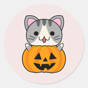 Sticker Rond Chat d'Halloween mignonne à Jack-o'-lantern