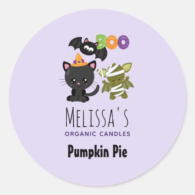 Sticker Rond Chat d'Halloween mignonne, chauve-souris et bougie (Devant)
