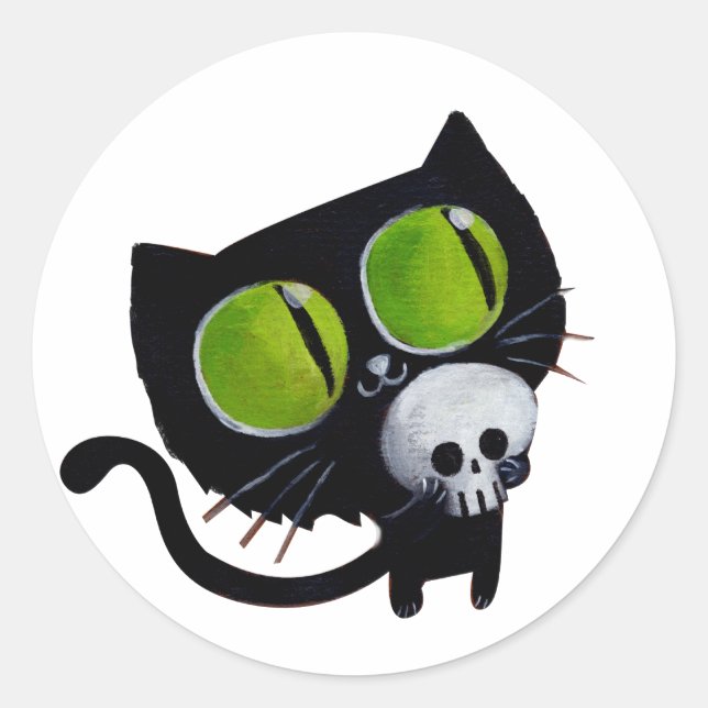 Sticker Rond Chat d'Halloween noir avec crâne (Devant)