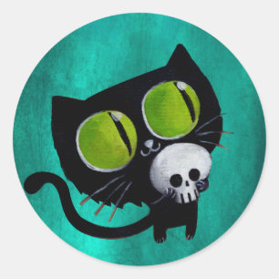 Sticker Rond Chat d'Halloween noir avec crâne