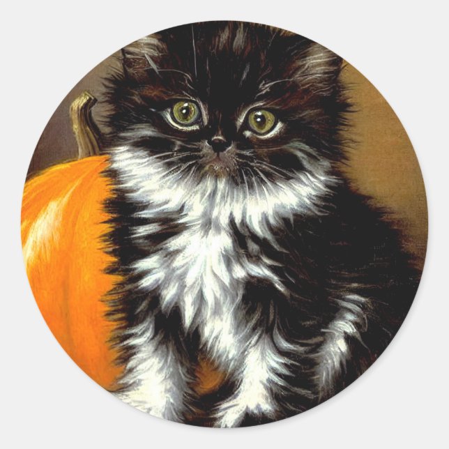 Sticker Rond Chat d'Halloween noir et blanc vintage (Devant)