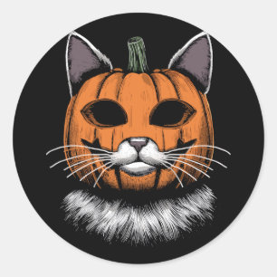 Sticker Rond Chat d'Halloween, visage de citrouille