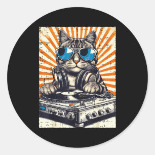 Sticker Rond Chat Dj Casque Platine Vinyle Musique Édition Homm