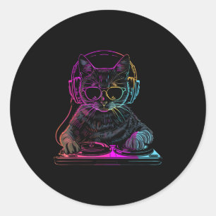 Sticker Rond Chat Dj Edm Techno House Musique Amoureux de Chat
