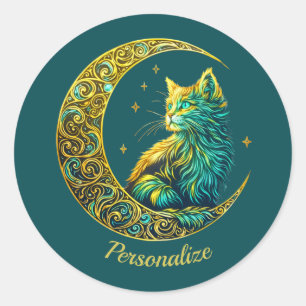 Sticker Rond Chat doré mystique sur fond vert céleste lunaire