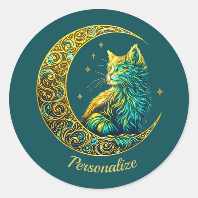 Sticker Rond Chat doré mystique sur fond vert céleste lunaire (Devant)